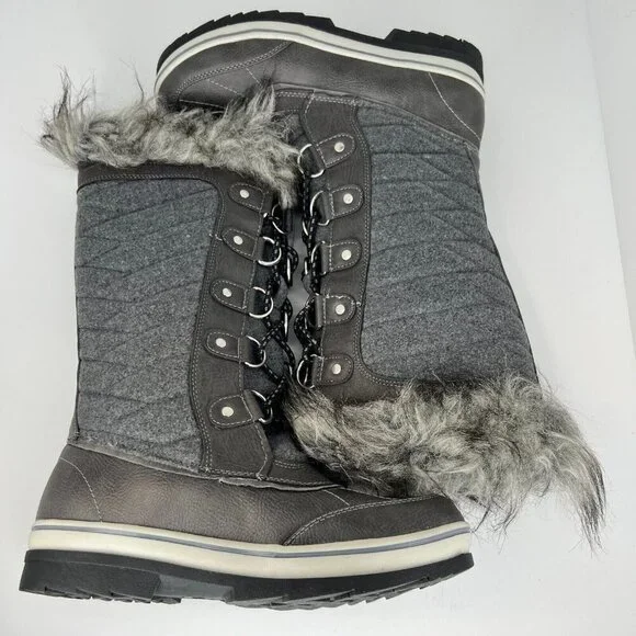 Womens Dark Gray Waterproof Lace Up Faux Fur Winter Mid Calf Size 8M Snow Boots - Picture 6 of 8